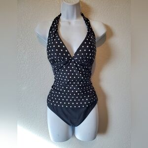2 Bamboo Black & White Polkadot Swimsuit Halter Neck Retro 50s Rockabilly Vibe